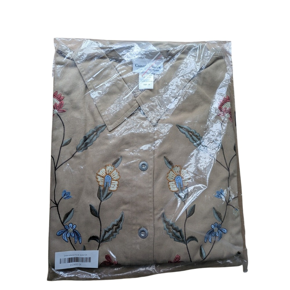 Country Store Womens 3X Tan Cotton Embroidered Floral Denim Top Jacket NIP - Picture 2 of 12